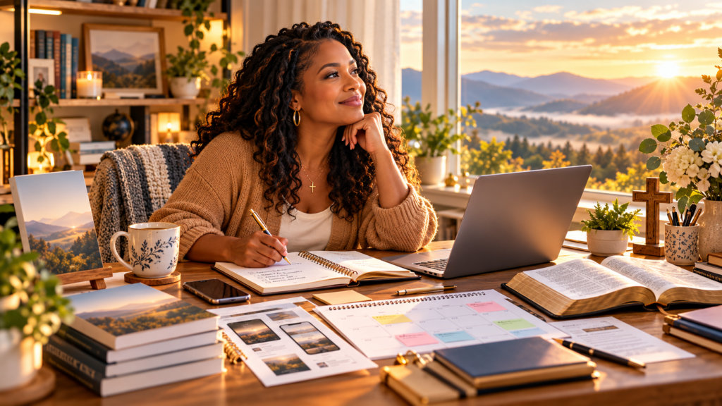 Christian author planning a book marketing campaign at her desk