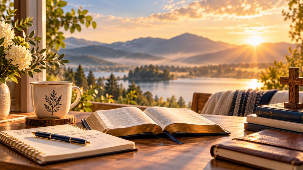Morning Grace Daily inspiration with Bible, journal, cross, and sunrise