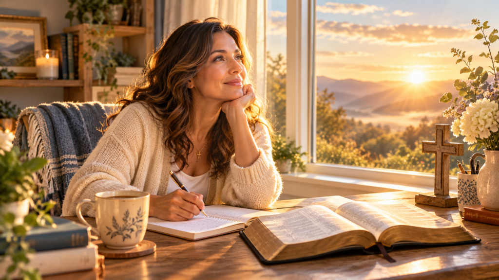 Christian author writing at a desk with Bible and manuscript