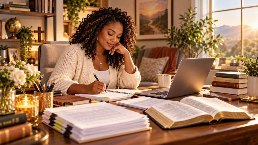 Christian author writing and preparing a manuscript for publication